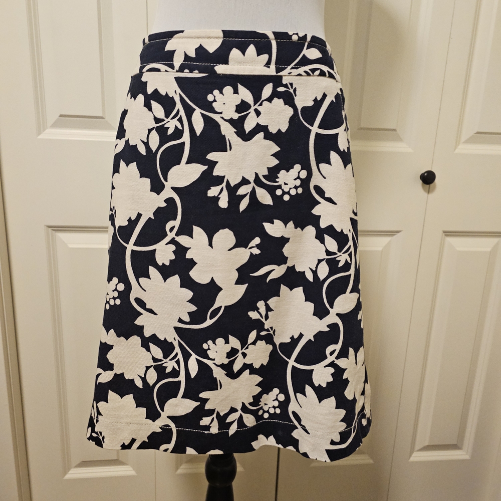 Banana Republic Midi Skirt Linen Cotton Navy and Cream Floral A-Line SZ 12